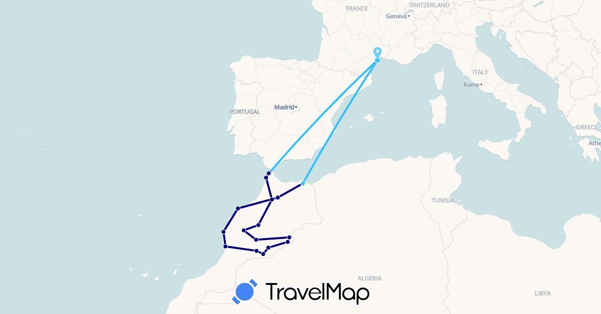 TravelMap itinerary: driving, boat in France, Morocco (Africa, Europe)